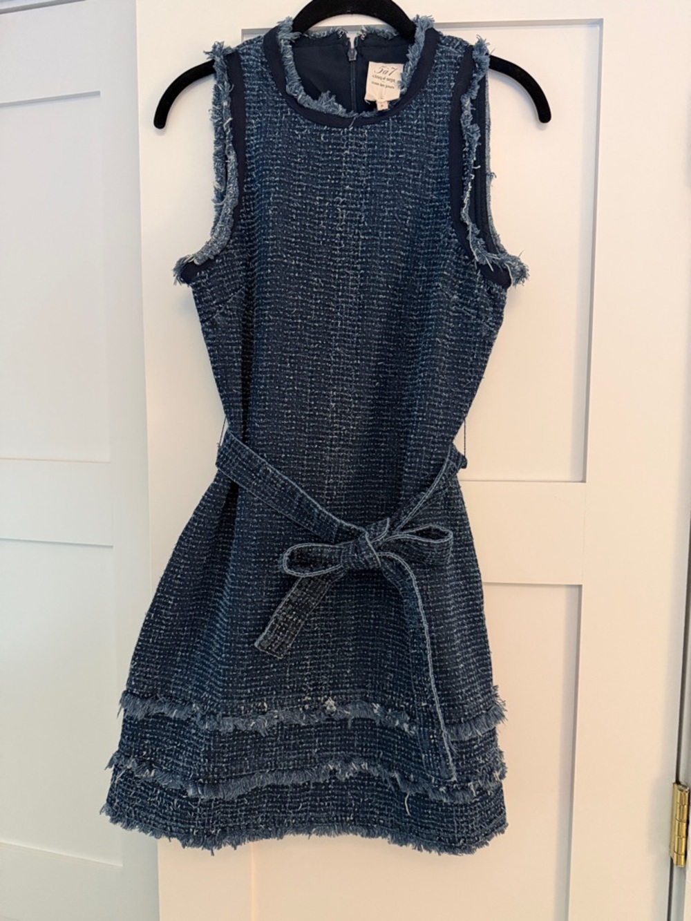 cinq a sept Dark Blue Tweed Sleeveless Dress with Belt